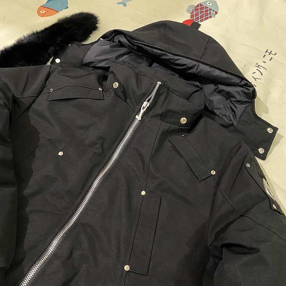 Moose Knuckles Black Down Jacket with Fur Collar and Hood - Picture 5 of 12
